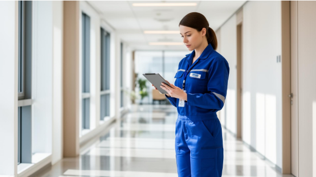 Cleaning supervisor checking educational facility cleaning tasks against an inspection checklist