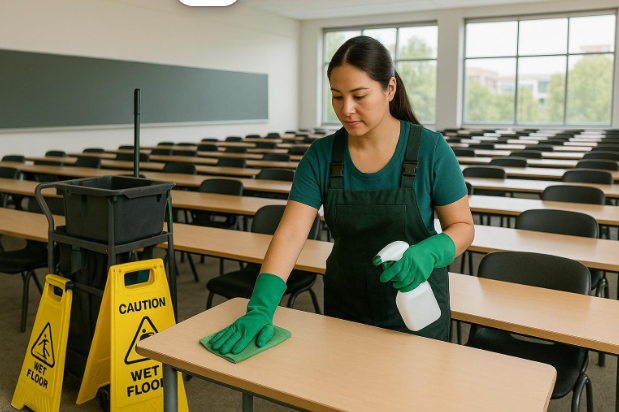 Classroom desk and floor cleaning as part of a college cleaning schedule